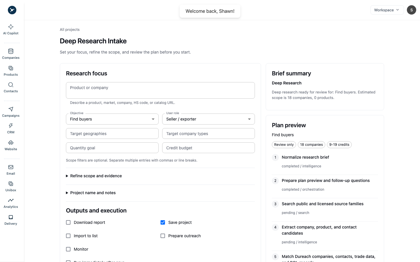 Deep Research creation modal