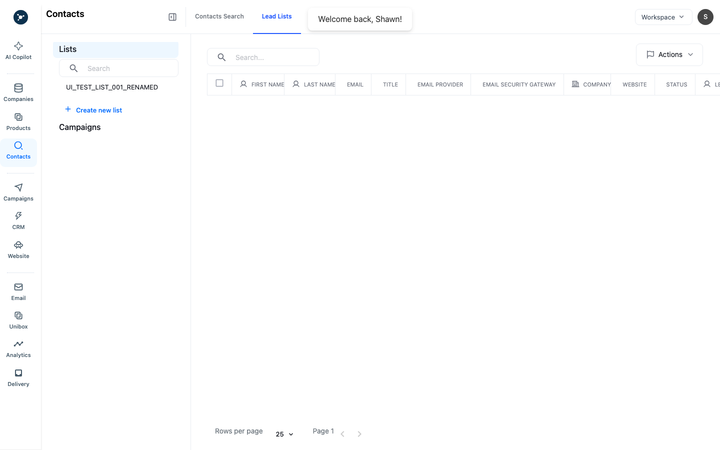 Lead Lists page showing saved-list management
