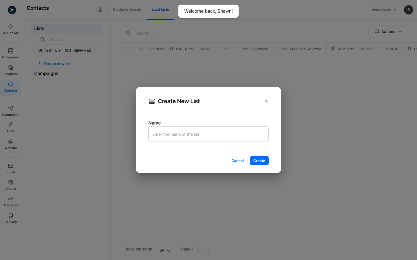 Create lead list modal