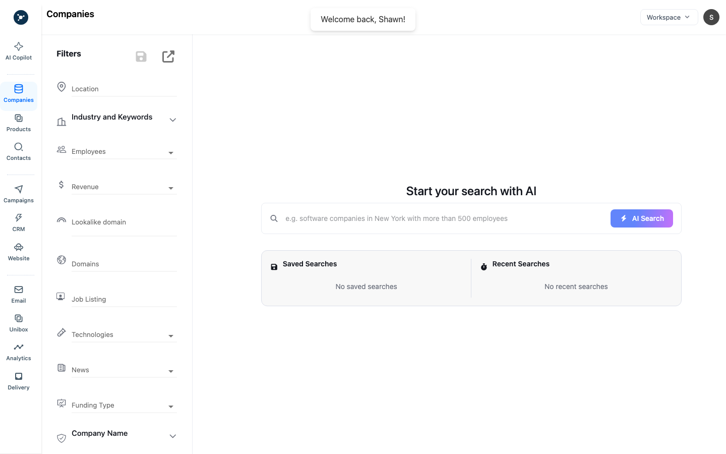 Companies search empty state showing the AI search entry point