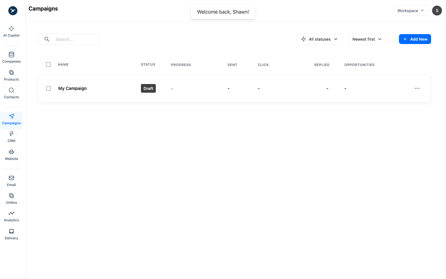 Campaigns page showing the campaign list and create action
