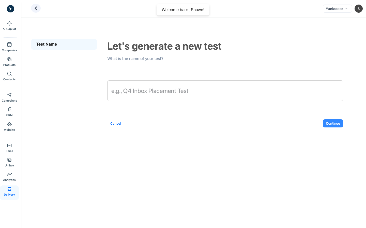 Create delivery test modal