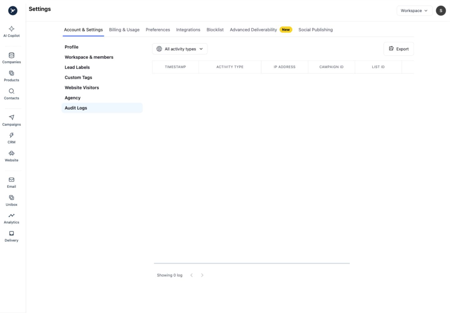 Audit logs in workspace settings