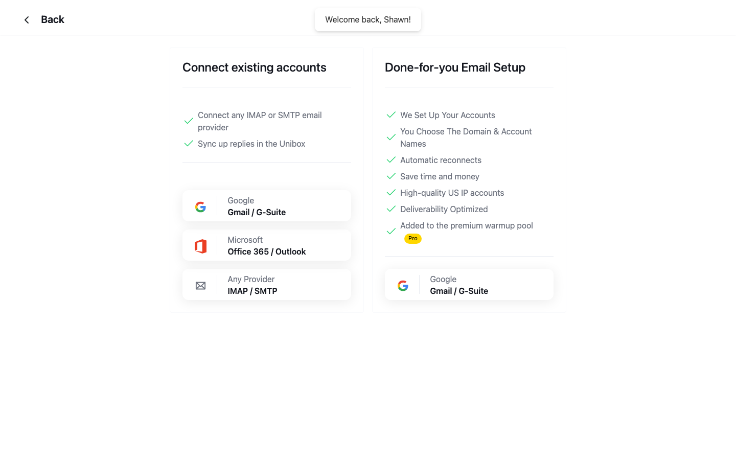 Email-account connection method modal
