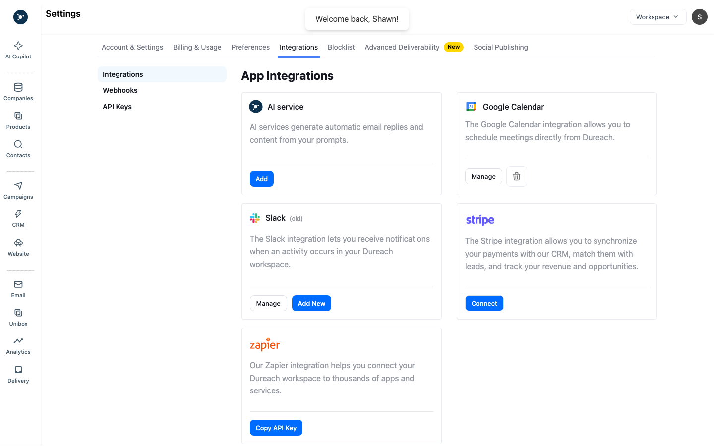 Integrations settings