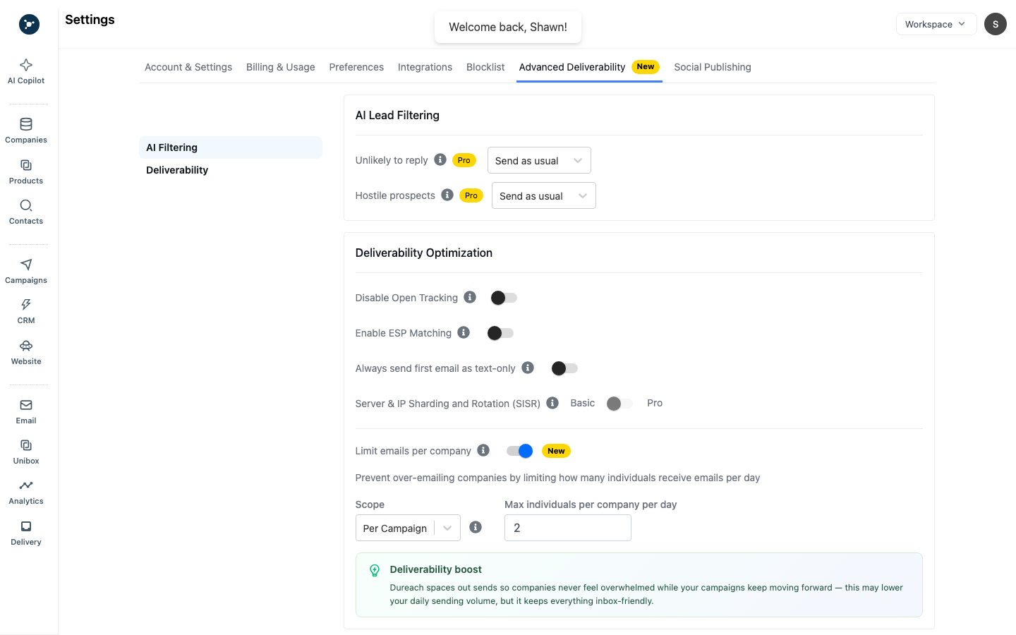 Advanced deliverability settings