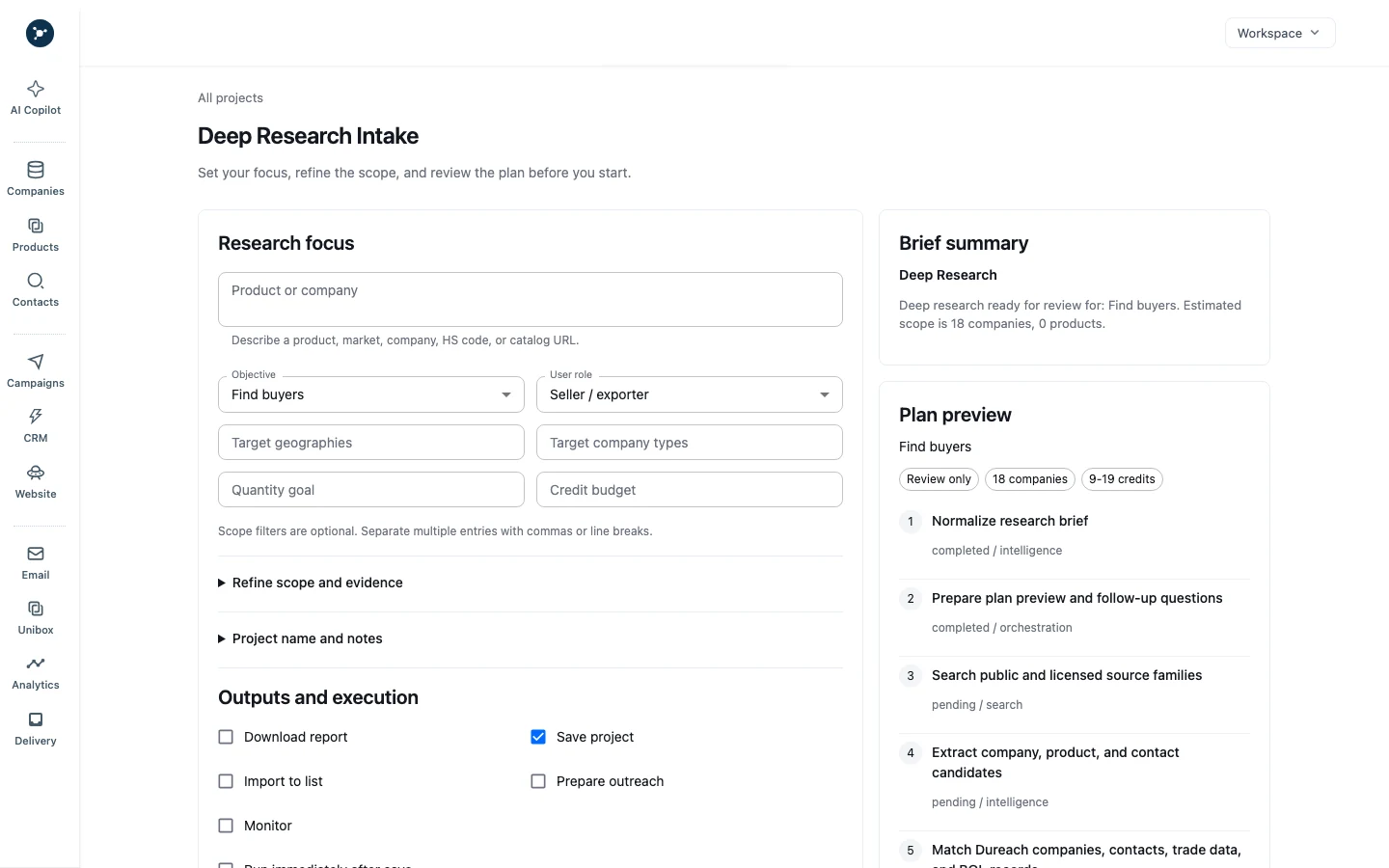 Deep Research intake form and plan preview with the signed-in name removed.
